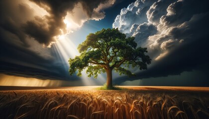 A solitary tree with a thick trunk and expansive branches standing in the midst of a wheat field, capturing the resilience of nature. - obrazy, fototapety, plakaty