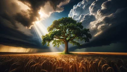 Fotobehang A solitary tree with a thick trunk and expansive branches standing in the midst of a wheat field, capturing the resilience of nature. © FantasyLand86