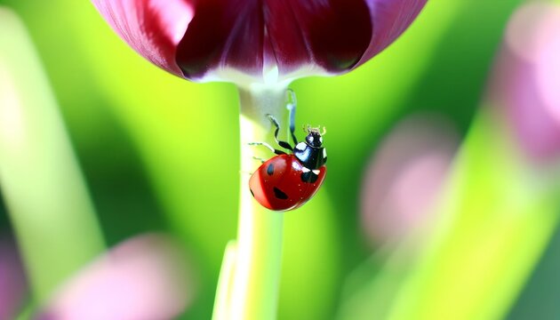 A close-up of a ladybug climbing the stem of a purple tulip, with a blurred green background.
