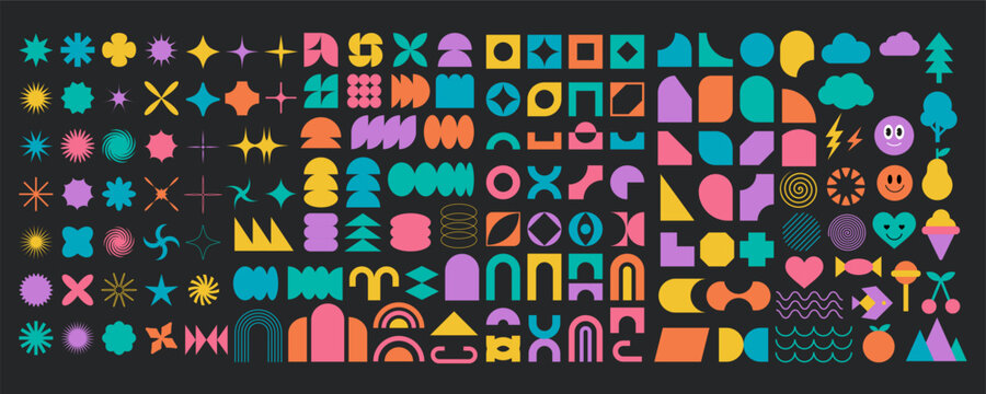 Modern brutalist flat symbol art set, vintage trendy memphis silhouette shape illustration, abstract simple cartoon figure design collection, geometric brutalism graphic in trendy 90s groovy style.