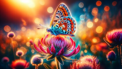 A vibrant close-up image of a butterfly resting on a brightly colored wildflower.