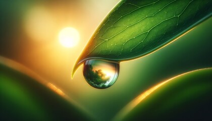 A single raindrop suspended delicately on the edge of a vibrant green leaf, with the background softly blurred showcasing a gentle sunrise.