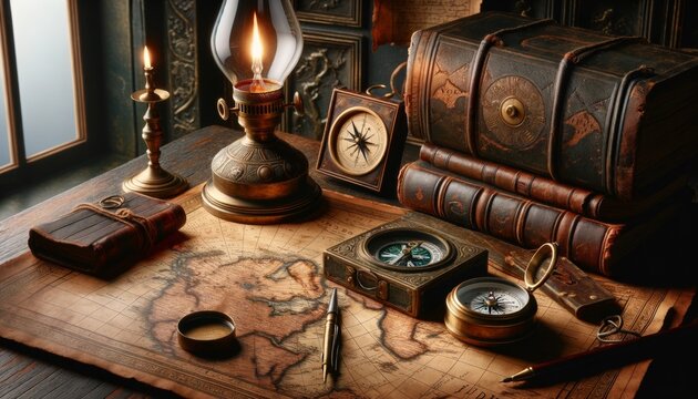 An explorer’s desk with an antique map, a brass compass, and old journals, lit by the soft light of an oil lamp.
