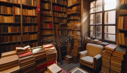 A cozy corner in an old bookstore, filled with stacks of worn books. - obrazy, fototapety, plakaty