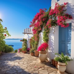 A narrow cobblestone street winds through a town, lined with pink bougainvillea flowers cascading from whitewashed buildings. Sunlight bathes the scene in a warm glow.