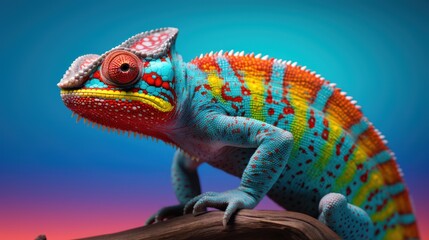 A colorful chameleon perched on a tree branch - obrazy, fototapety, plakaty