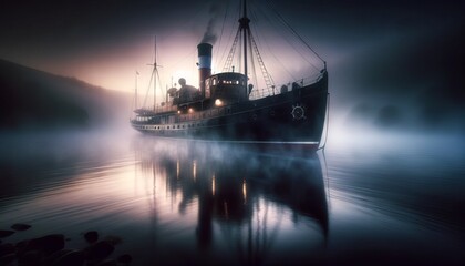 A vintage steamer ship moored in a tranquil harbor enveloped in early morning mist. - obrazy, fototapety, plakaty