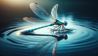 This image showcases a close-up of a dragonfly delicately perched on the surface of a calm pond. - obrazy, fototapety, plakaty
