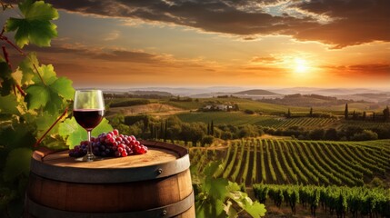 A glass of wine is on a barrel in a vineyard. The vineyard is full of grapes and the sun is setting. Scene is peaceful and relaxing. - obrazy, fototapety, plakaty
