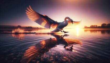 A medium shot capturing the grace and elegance of a swan as it prepares to land on the glassy surface of a tranquil lake at sunset. - obrazy, fototapety, plakaty