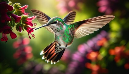 An up-close and detailed view of a hummingbird suspended in air, wings beating with such speed they are a blur, hovering near a cluster of vibrant red. - obrazy, fototapety, plakaty