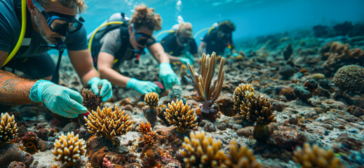 Divers planting coral on the reef to promote marine life regeneration