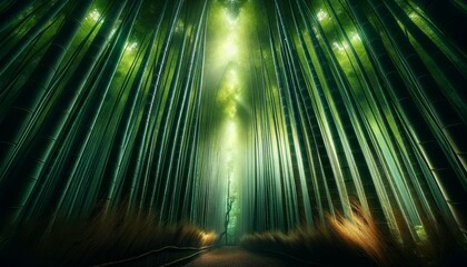 This image showcases a medium shot of bamboo stalks from the forest floor, looking upwards towards the light filtering through the dense green canopy .