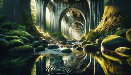 The composition is a medium shot from under a bridge with moss-covered stones. - obrazy, fototapety, plakaty