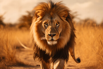 Naklejka premium A regal lion strides confidently across the savanna, golden light casting a majestic glow on its mane