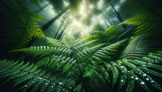 The image depicts a close perspective under a canopy of ferns in a rainforest, looking up to see droplets of water glistening on the leaves against a .