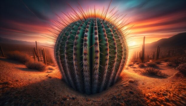 The image is a close-up perspective from the base of a cactus plant in the desert, looking upwards towards the gradient of a sunset or sunrise sky.