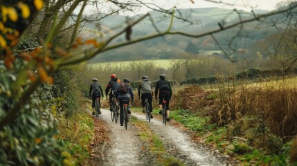 Fototapeta premium A group of cyclists stop for a break on ride through the countryside backs turned to the camera as they take a moment . .
