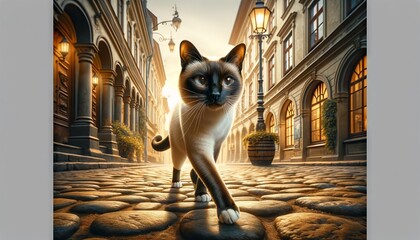 A detailed image of a Siamese cat walking along a cobblestone path in an old town, with historical buildings in the background.