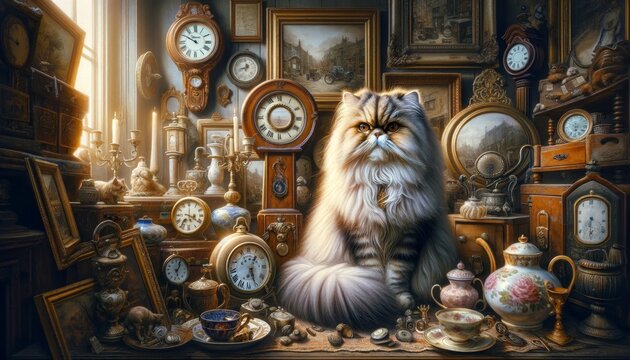 A detailed image of a long-haired Persian cat sitting elegantly in an antique shop surrounded by various intriguing objects.