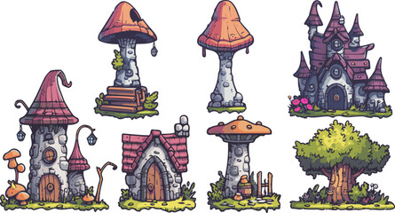 Vector set of 7 cartoon witch, forest elf or wood goblin houses. Collection of stone castle, mushroom homes, tree building isolated on white background.