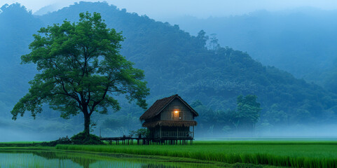 Fototapeta premium Traditional house in a serene rural landscape with mountains in the background