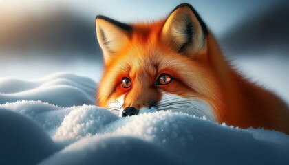 A close-up image of a bright orange fox peeking over a snowy white drift.