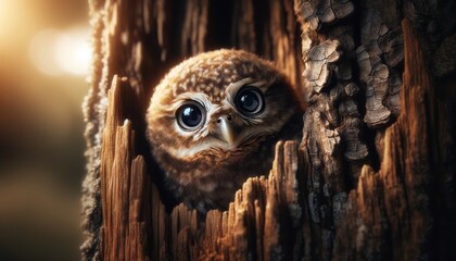 A close-up image of a small, curious owl with large, round eyes peeking from behind a dark brown tree trunk.