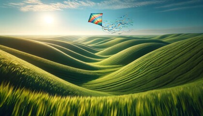 A detailed, close or medium shot of a single, colorful kite flying high above undulating, green meadows under a clear blue sky.
