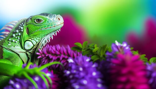 A close-up image of a sleek, green iguana with intense eyes lurking above a vibrant purple flowering bush.