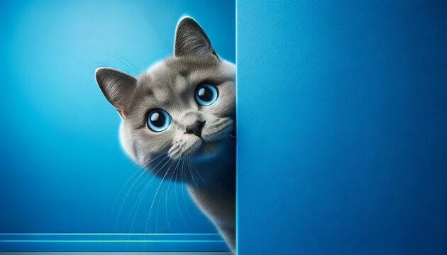 A close-up image of a gray cat peeking over a vibrant blue wall.