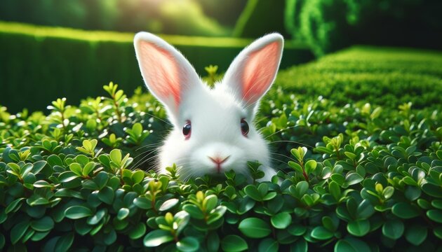 A close-up image of a white rabbit peeking over a lush green hedge.
