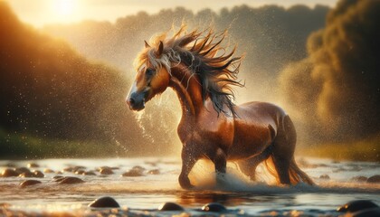 A majestic horse shaking off water after emerging from a river. - obrazy, fototapety, plakaty