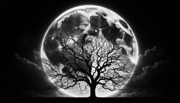A highly detailed and sharply focused image showing a bright, full moon visible through the bare branches of a silhouetted tree against a dark sky.