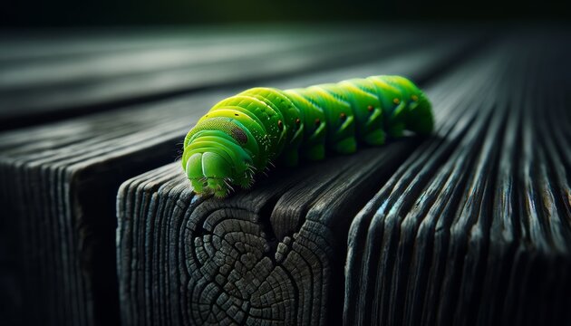A detailed, well-focused image of a small, bright green caterpillar on a dark, weathered wooden bench.