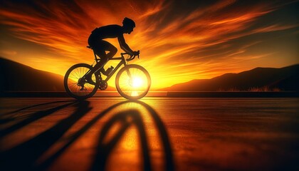 The scene depicts a cyclist in silhouette against a vivid orange sunset. - obrazy, fototapety, plakaty
