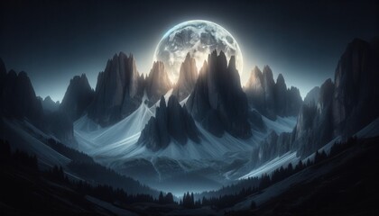 A breathtaking scene capturing the essence of a serene night_ a full moon rising majestically behind a cluster of tall, jagged mountains. - obrazy, fototapety, plakaty