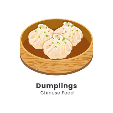 Hand drawn vector illustration of dumplings chinese food in bamboo steamer basket