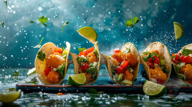 An enticing image capturing shrimp tacos with ingredients seemingly defying gravity against a teal backdrop