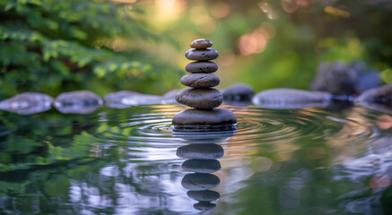 Zen stones balanced in serene water