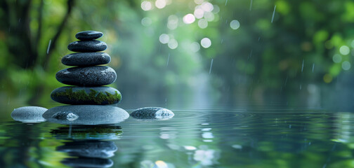 Zen stones balanced in serene water