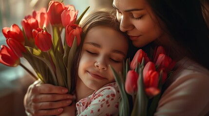 Grateful latin foster mum stepmother embrace little adopted daughter get greeting on Women Day take tulips present. Excited adult sister thank younger one for birthday gift.