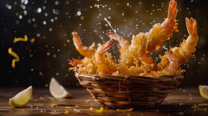 Breaded shrimps with herb seasoning ejected from a basket with dynamic splashes and rustic atmosphere - obrazy, fototapety, plakaty