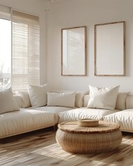 Mockup Frame Enhancing Coastal Interior Background in Light Pastel Tones. Presented in 3D Render. Made with Generative AI Technology