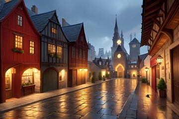 ゲーム背景中世ヨーロッパ風石畳の曇雨の夜街並み