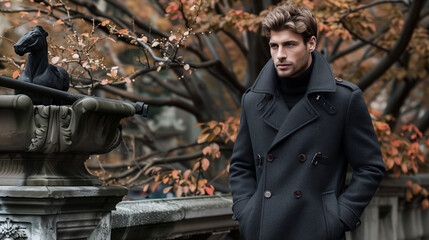 Fashionable man in autumn scenery for stylish clothing lines. Suitable for seasonal fashion marketing and editorial use.