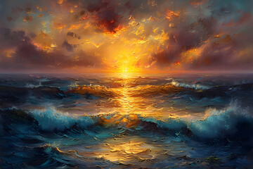 Dramatic Sunset Seascape with Impasto Brushstrokes and Glowing Waves - obrazy, fototapety, plakaty
