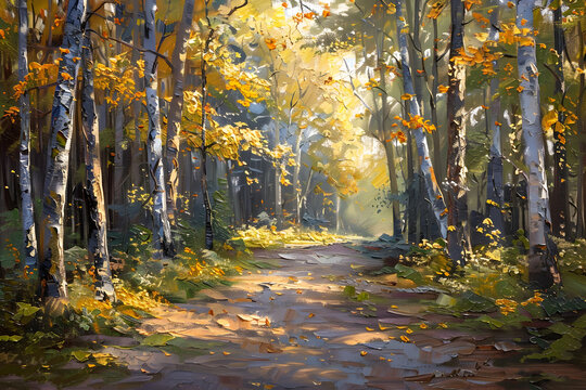 Tranquil Impressionist Landscape of an Autumnal Forest with Dappled Lighting and Impasto Textured Strokes