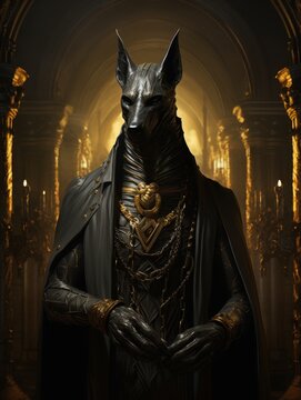 Anubis, the jackal-headed god of mummification and the afterlife, stands tall in a majestic temple hall