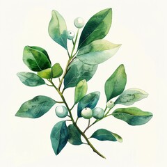 Handdrawn minimalist mistletoe, watercolor in soft colors, closeup ,ultra HD,clean sharp focus